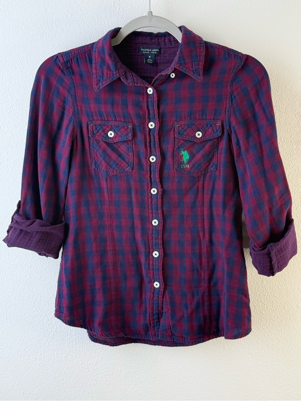 U.S. Polo Assn. Navy and Burgundy Plaid Flannel Cotton Button-Down Shirt Small